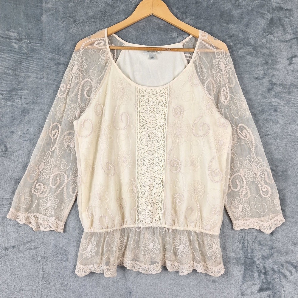 Womens Top Large Boho Cottagecore Crochet Lace Sheer Whimsical Fairy Festival